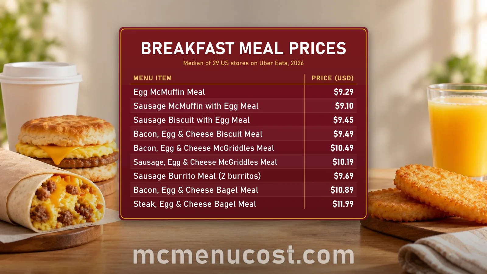 McDonald's breakfast meal prices: Egg McMuffin Meal, Sausage McMuffin with Egg Meal, biscuit, McGriddles, bagel and burrito meals