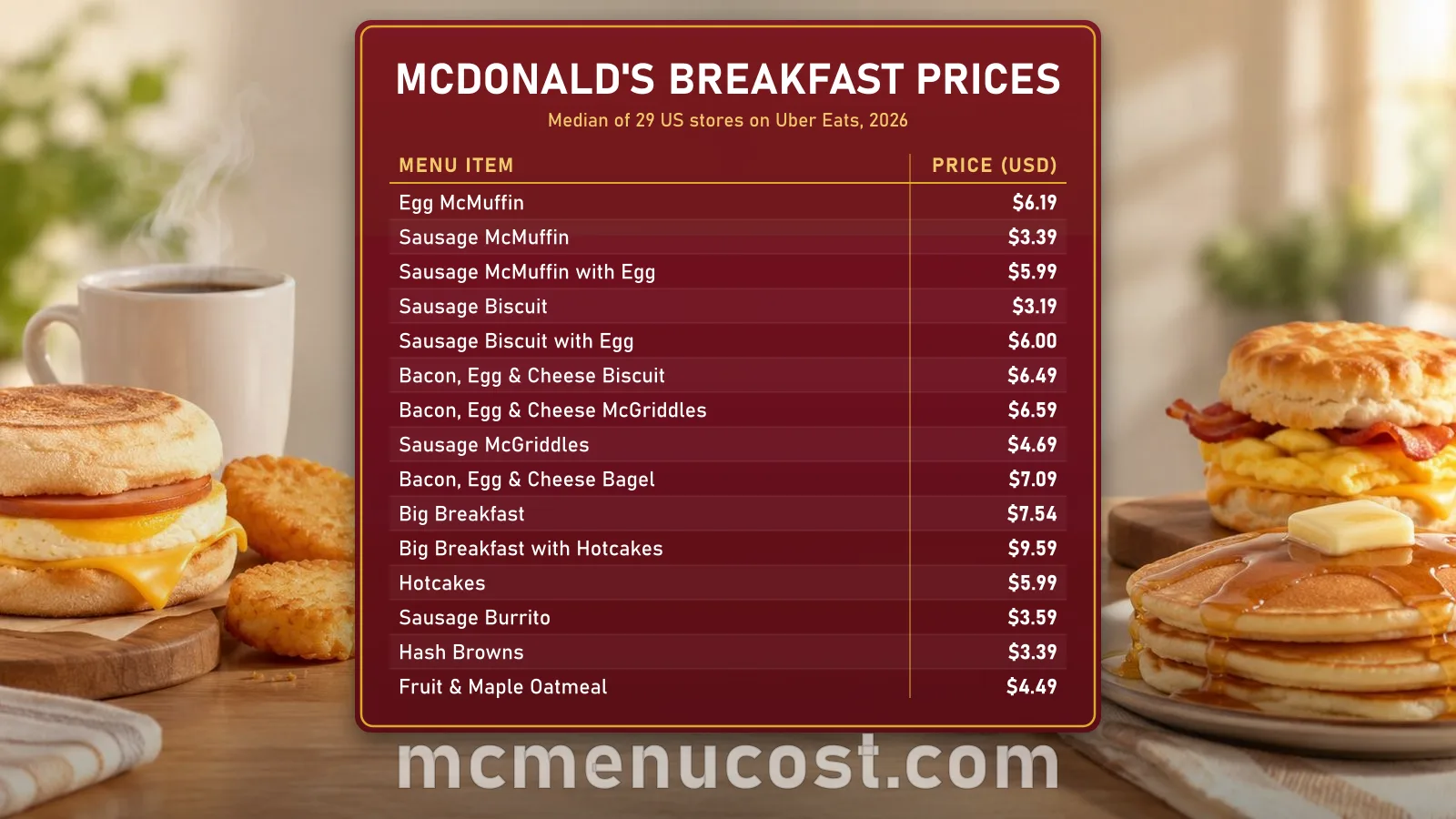 McDonald's breakfast prices: Egg McMuffin, Sausage McMuffin, McGriddles, biscuits, bagels, Hotcakes and Hash Browns